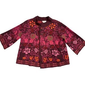 Floral Cardigan Sweater Burgundy Pink Orange 2 Button Front Size XL
